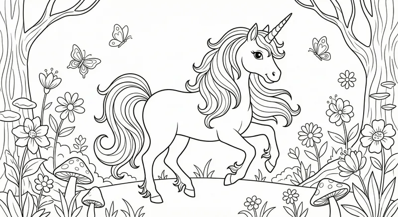 Prancing Unicorn in Magical Forest Coloring Page