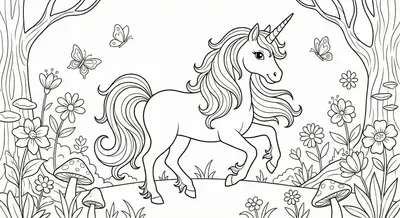 Prancing Unicorn in Magical Forest Coloring Page