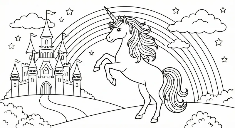 Rearing Unicorn and Castle Coloring Page with Rainbow