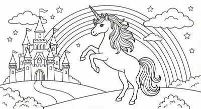 Rearing Unicorn and Castle Coloring Page with Rainbow
