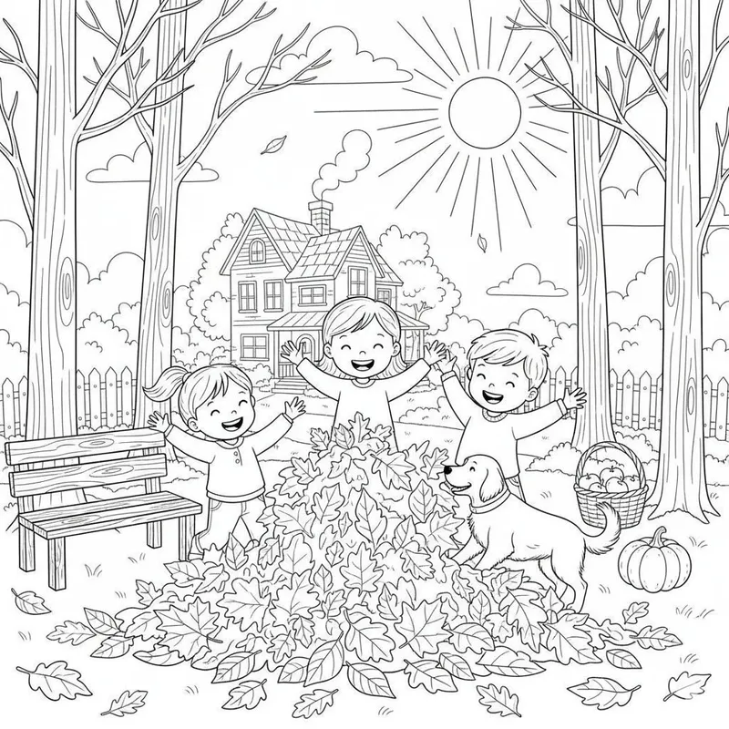 Joyful Autumn Children Playing Coloring Page