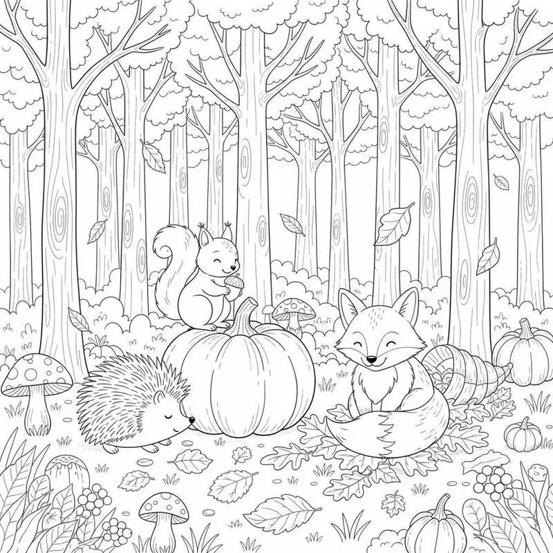 Charming Autumn Forest Animals Coloring Page