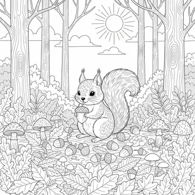 Cute Autumn Squirrel Collecting Nuts Coloring Page