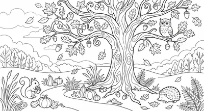 Whimsical Autumn Scene Coloring Page - Free Printable
