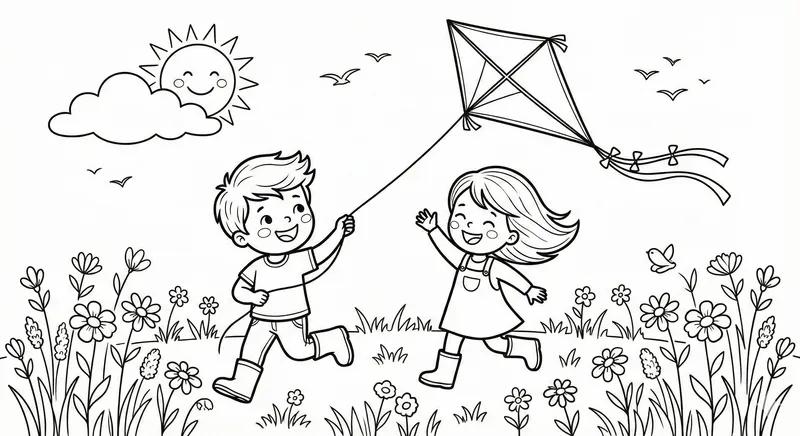 Kids Flying A Kite In Spring Coloring Page