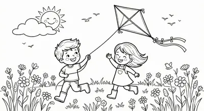 Kids Flying A Kite In Spring Coloring Page