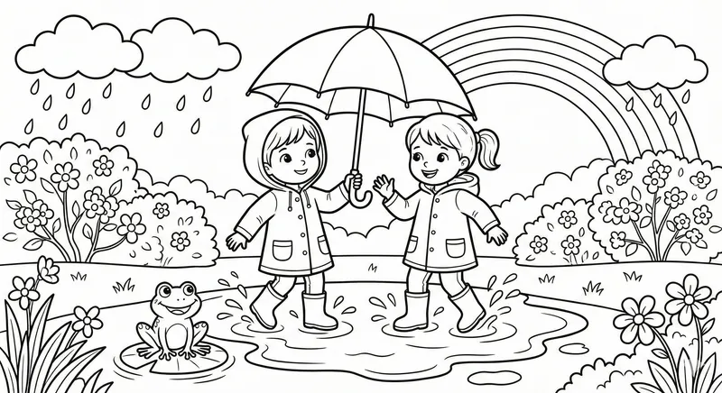 Kids Splashing in Spring Rain Coloring Page for Children