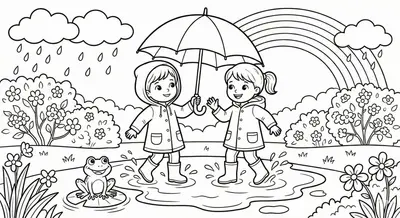 Kids Splashing in Spring Rain Coloring Page for Children