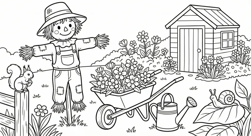 Spring Garden Scarecrow Coloring Page for Kids