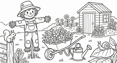 Spring Garden Scarecrow Coloring Page for Kids