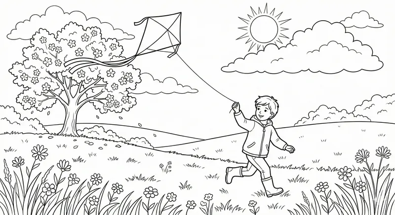 Spring Child Flying a Kite Coloring Page - Printable Activity