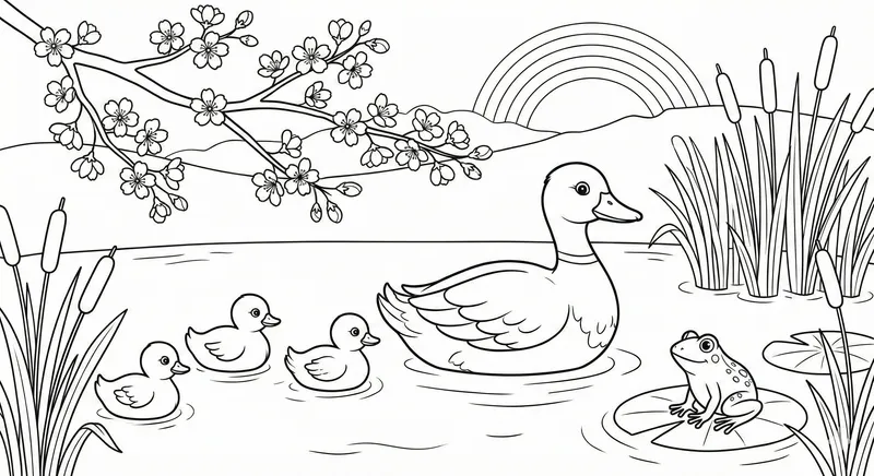 Spring Ducks & Frog Pond Coloring Page