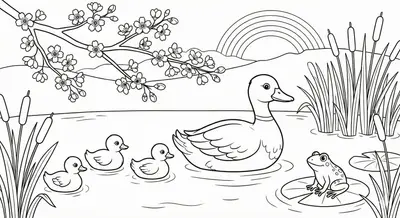 Spring Ducks & Frog Pond Coloring Page