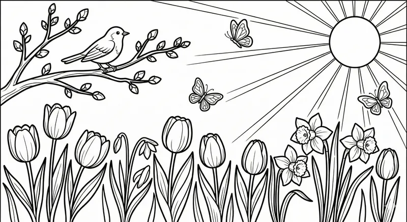 Spring Garden and Bird Coloring Page - Printable Activity