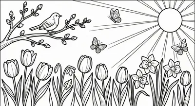 Spring Garden and Bird Coloring Page - Printable Activity