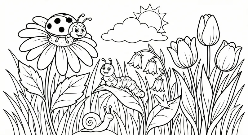 Spring Garden Bugs & Flowers Coloring Page For Kids