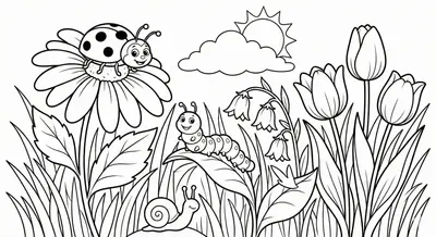 Spring Garden Bugs & Flowers Coloring Page For Kids
