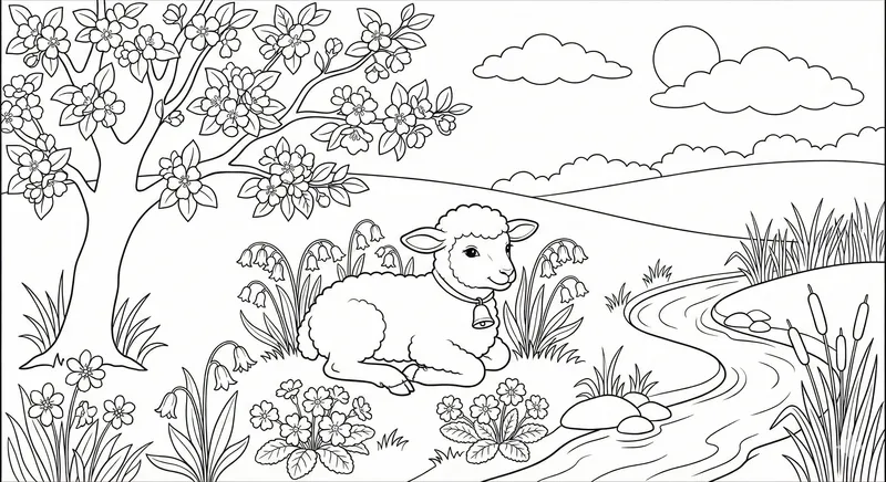 Spring Lamb and Meadow Coloring Page - Printable Activity