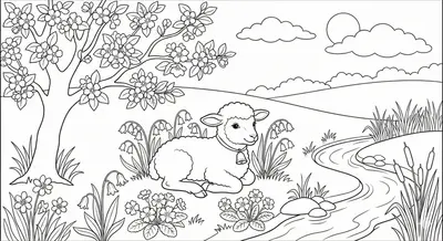 Spring Lamb and Meadow Coloring Page - Printable Activity