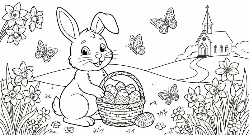 Printable Easter Bunny Coloring Page with Eggs & Flowers