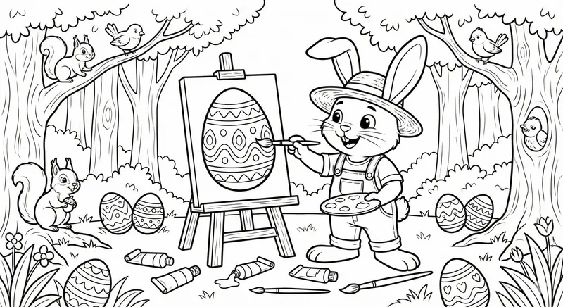Easter Bunny Artist Painting Coloring Page
