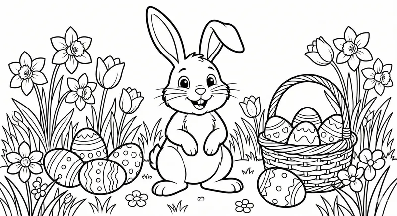Easter Bunny and Basket Coloring Page