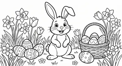 Easter Bunny and Basket Coloring Page