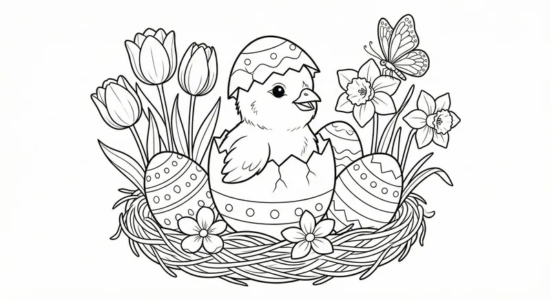 Printable Easter Chick in Nest Coloring Page with Flowers
