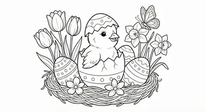 Printable Easter Chick in Nest Coloring Page with Flowers