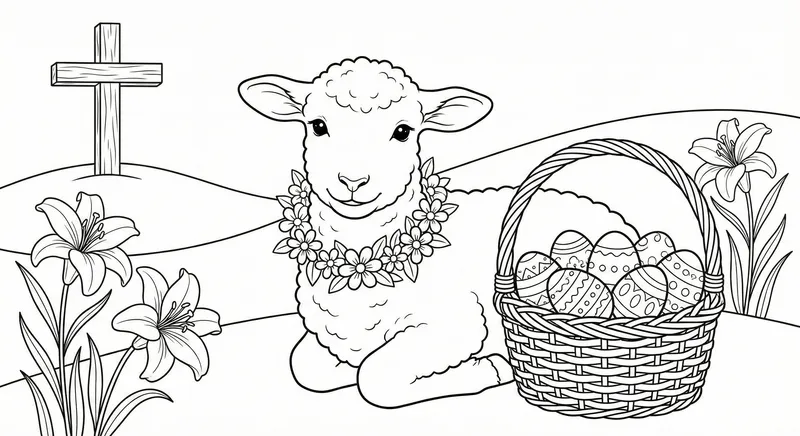 Printable Religious Easter Lamb & Cross Coloring Page