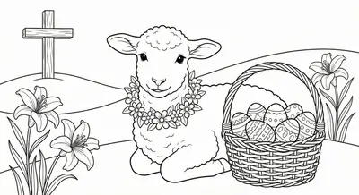 Printable Religious Easter Lamb & Cross Coloring Page