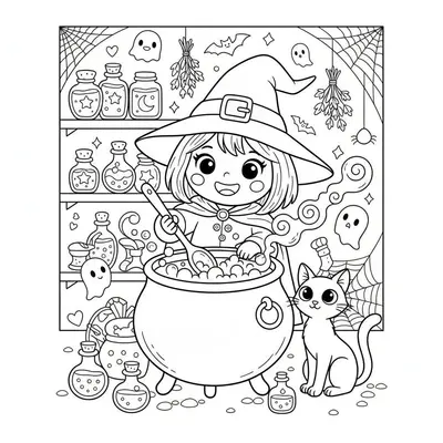 Cute Witch Brewing Potion Halloween Coloring Page
