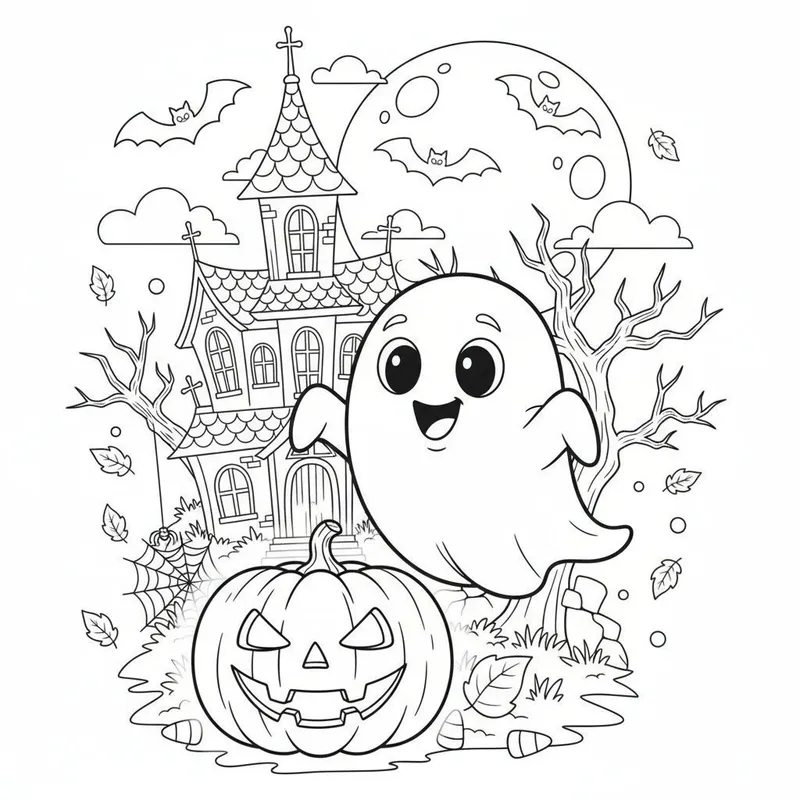 Spooky Halloween Ghost and Pumpkin Coloring Page
