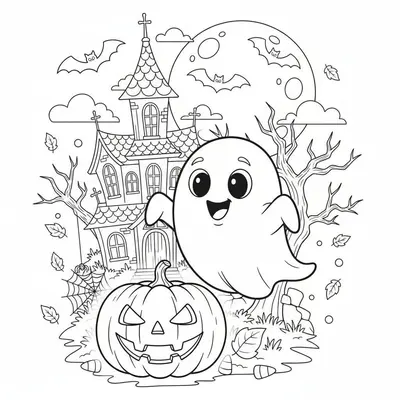 Spooky Halloween Ghost and Pumpkin Coloring Page