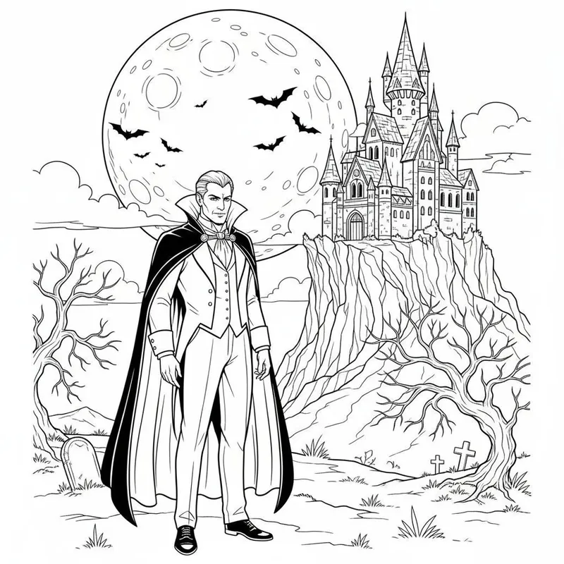 Vampire Dracula and Castle Halloween Coloring Page