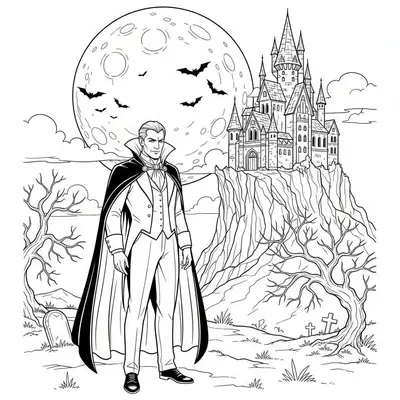 Vampire Dracula and Castle Halloween Coloring Page