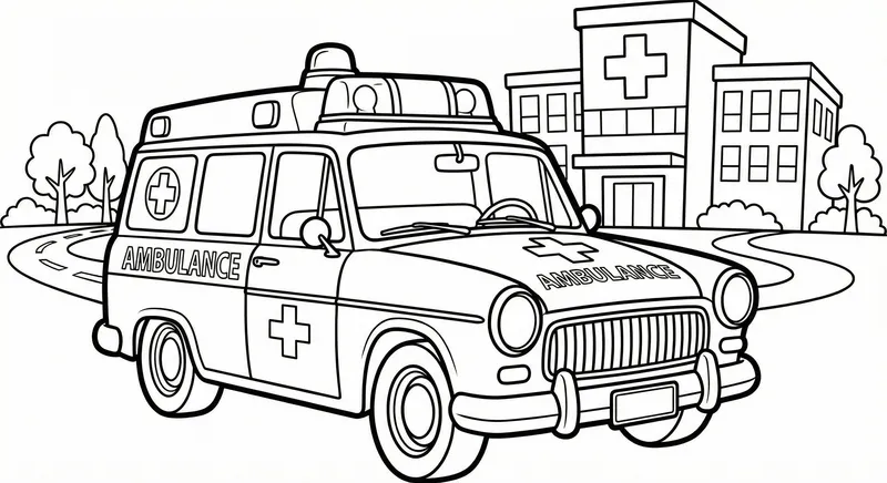Vintage Ambulance At Hospital Coloring Page