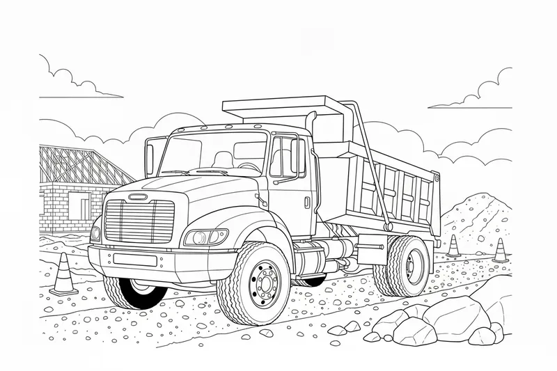 Dump Truck at Construction Site Coloring Page