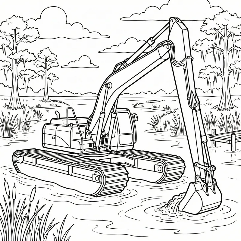 Amphibious Excavator in Swamp Coloring Page: Printable Swamp Buggy