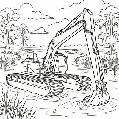 Amphibious Excavator in Swamp Coloring Page: Printable Swamp Buggy