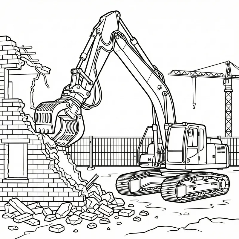Demolition Excavator Coloring Page: Tearing Down a Wall