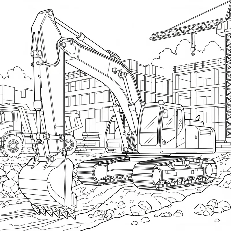 Detailed Excavator Coloring Page for Kids