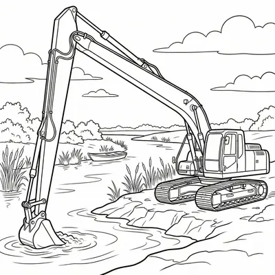 Long-Reach Excavator River Dredging Coloring Page for Kids