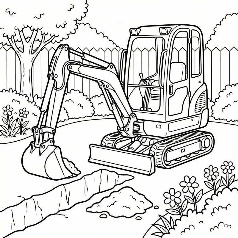Mini Excavator Digging Trench in Garden Coloring Page
