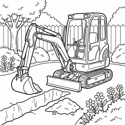Mini Excavator Digging Trench in Garden Coloring Page