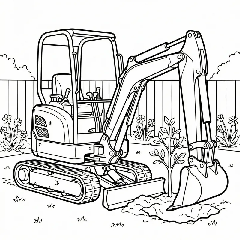 Mini Excavator Planting Tree Coloring Page for Kids