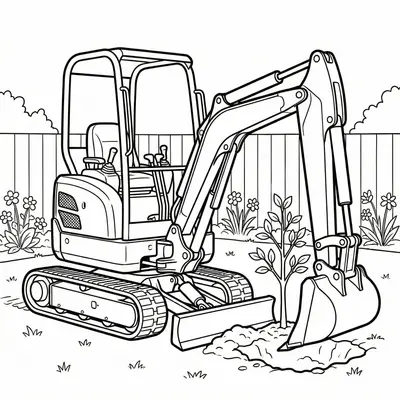 Mini Excavator Planting Tree Coloring Page for Kids