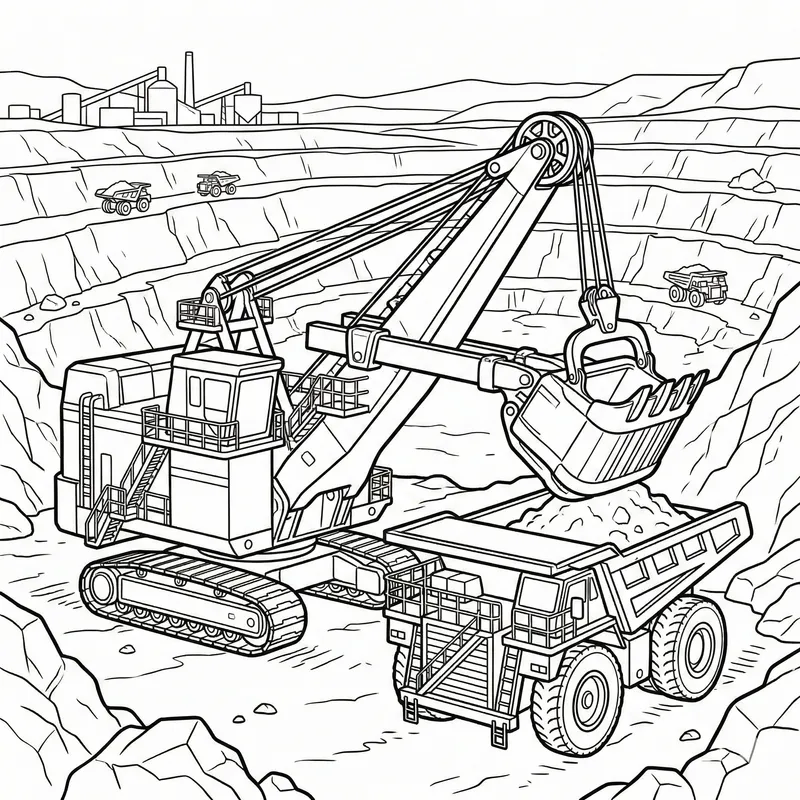 Large Mining Excavator and Dump Truck Coloring Page: Open-Pit Mine Scene