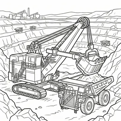 Large Mining Excavator and Dump Truck Coloring Page: Open-Pit Mine Scene