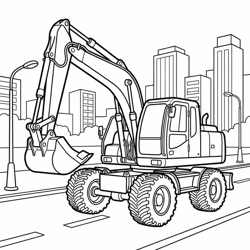 Wheeled Excavator In The City Coloring Page: Printable Vehicle
